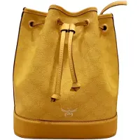 Mcm Himmel Lauretos Dragsko Tryckt Logotyp Belagd Kanvas och Kalvskinn Hinkväska Axelväska Crossbody Medium Damväskor Citronguld MWDESAC01Y9001 Basic Set (Bag+Dust Bag)