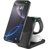 Belkin UltraCharge - Trådlöst laddställ - 3-i-1, magnetisk, vikbar, med Qi2 + växelströmsadapter - 25 Watt - Ultra Fast Charge - MFI-certifierad - svart