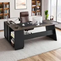 Vevor L-format skrivbord, stort modernt kontorsbord med lådor och förvaringsskåp, kraftigt träbord, 158,7 kg lastkapacitet, enkel montering, för arbetsstudier och skrivande, brun+svart