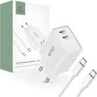 Tech-Protect C35W USB-C väggladdare med dubbla portar och USB-C-kabel - vit