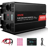 Vevor 4000W växelriktare, 12V DC till 230V AC ren sinusvågsväxelriktare, solcellsladdare för bil med LCD-skärm, fjärrkontroll, 2 USB-portar, 2 AC-uttag, typ-C-port, för husbil, lastbil utomhus