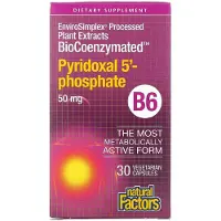 Natural Factors , BioCoenzymaterad, B6, Pyridoxal 5'-fosfat, 50 mg, 30 Vegetariska Capslar