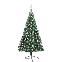 vidaXL Belyst halv plastgran med kulor grön 120 cm
