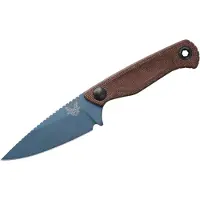 Benchmade Dacian Magnacut Blue Titanium Cerakote kniv, brown canvas micarta, leather sheath