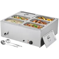 Vevor Kommersiell Matvärmare, 1500W Elektrisk Ångmatvärmare i Rostfritt Stål med Lock, 6 Pannor Snabbvärmande Bänkskiva Buffé Bain Marie med Soppa och Perforerade Slevar, för Catering, Restaurang, Fes