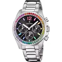 Festina Rainbow Kronograf Kristallaccenter Rostfritt Stål Svart Urtavla Kvarts F20606-3 100M Damklocka svart