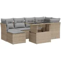 vidaXL Matgrupp för trädgården med dynor 7 delar beige konstrotting