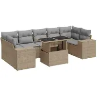 vidaXL Matgrupp för trädgården med dynor 8 delar beige konstrotting