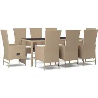 vidaXL Matgrupp för trädgården med dynor 9 delar beige konstrotting