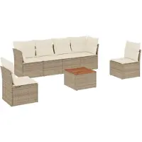 vidaXL Matgrupp för trädgården med dynor 7 delar beige konstrotting
