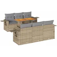 vidaXL Matgrupp för trädgården med dynor 7 delar beige konstrotting