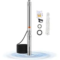 Vevor Djupbrunnspump, dränkbar pump, 910 W ingångseffekt, 230 V, 100 L/min flöde, 53 m (174 ft) tryckhöjd, 20 m (65,62 ft) sladd med extern kontrollbox, vattenpump i rostfritt stål, IP68, för industri