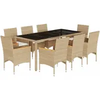 vidaXL Matgrupp för trädgård med dynor 9 delar beige konstrotting&glas