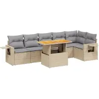 vidaXL Matgrupp för trädgården med dynor 7 delar beige konstrotting