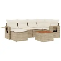 vidaXL Matgrupp för trädgården med dynor 7 delar beige konstrotting
