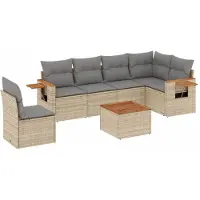 vidaXL Matgrupp för trädgården med dynor 7 delar beige konstrotting