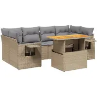 vidaXL Matgrupp för trädgården med dynor 7 delar beige konstrotting