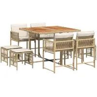 vidaXL Matgrupp för trädgården med dynor 9 delar beige konstrotting