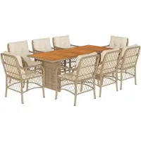 vidaXL Matgrupp för trädgården med dynor 9 delar beige konstrotting