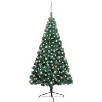 Belyst halv plastgran med kulor grön 210 cm