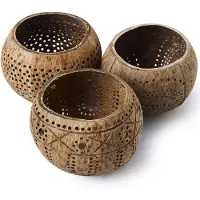 Torribaly Coconut Shell Wood LjushåLlare (Set med 3) med Kokosdoftande VäRmeljus - Boho Decor, Votive Ljusstakar
