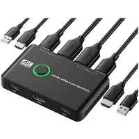 Torribaly 4K KVM USB -Kompatibla Switchar för 2 Datorer Dela Tangentbordsmus Skrivare och BildskäRm, StöDer 4K@60Hz