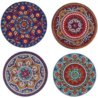 Semoic 4st Abstrakt Datura Blommor Bohemian Tryckta Mattor Vintage Diamantmålning Isolerade Glasunderlägg Koppar en Skål