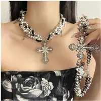 ISTOVO Dark Punk Gothic Lolita Necklace - Pearl with Crucifix , Catholic Crystal, Unique Pearl Jewelry Gifts for Women A