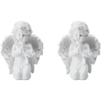 Semoic 2X Knäböjer Be Ren Vit Ängel med Vinge Harts Trädgårdsstaty Memorial Resin Yard Figurine Trädgårdsstaty Gåva