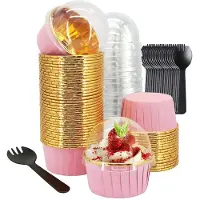 Kepptory 150 St Aluminiumfolie Cupcake-Formar med Lock & Skedar 50 Set Ugnssäkra Muffin-Bakformar för Bröllopsparty Rosa