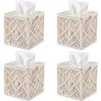Semoic 4X Mjukpappersfodral Boho Decor Fyrkantig Pappersmjukpappershållare med Pärlspänne Makrame Servettvävnad Organizer Heminredning