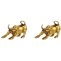 Typecat 2X Feng Shui Fortune Brass Bull Statue, Sculpture Home Decoration Golden Copper Bull Represents Good Luck of Career