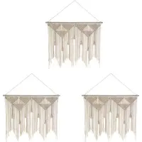 Typecat 3X Macrame VäGghäNgande Boho VäVd GobeläNg, Beige Vit Tofs Dekorgardin för Hembakgrund (TräPinne IngåR Ej)