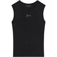 GUESS för kvinnor. W6YP17K3881 Svart topp med logotyp i strass (XS), Casual, Modal, Ärmlös / Hängselbyxor
