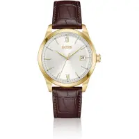 BOSS Langford silver-white-dial watch with embossed leather strap
