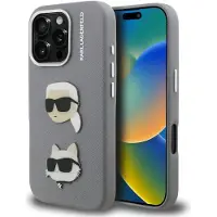 Karl Lagerfeld FW – Etui med prydnadsnålar med mönster av Karl och Choupette för iPhone 16 Pro – Grå