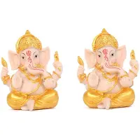 Tlily 2X Haidianzi Gold Lord Ganesha Buddha Staty Elefantgud Skulpturer Ganesh Figurer