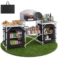 Vevor Hopfällbart campingbord, bärbart och lättviktigt utomhusbord i aluminium, snabbmonterad köksstation, med förvaringsorganisatör, avtagbar vindruta, bärväska, perfekt för picknick och grillresor