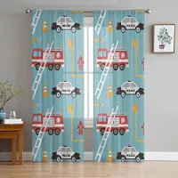 Yiran Furniture Tecknad Brandbil Grå Skira Gardiner för Sovrum Vardagsrum Dekoration Fönstergardin för Kök Tyll Voile Organza Draperier W135 x H115cm x1&Grommet Top