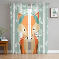 Yiran Furniture Tecknad Djur Räv Orange Blå Löv Tyll Skira Fönstergardiner för Vardagsrum Sovrum Moderna Voile Organza Gardiner Draperier W135 x H115cm x1&Grommet Top