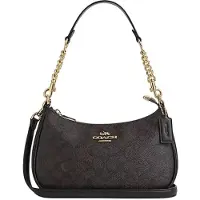 Coach Teri 24 Klassisk Monogramlogga Konstläder och Återvunnet Läder Axelväska Mellanstor Damaxelväska Mörkbrun CV933-IMXAQ Gift Set (Box+Pocket Mirror)