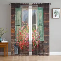 Yiran Furniture Trä Fönster Kakel Tegel Blomkruka Tyll Skira Fönstergardiner för Vardagsrum Sovrum Moderna Voile Organza Gardiner Draperier W135 x H245cm x1&Rod Pocket