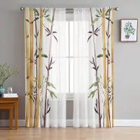 Yiran Furniture Bambu Zen Kinesisk Stil Skira Gardiner Vardagsrum Fönster Tyll Gardiner För Sovrum Kök Heminredning Voile Draperier W135 x H160cm x2&Rod Pocket