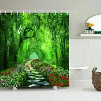 Chic Home Duschdraperier med naturskogsmotiv Högkvalitativt vattentätt duschdraperi Trädlandskap Badrumsgardin Polyestertyg W180xH220cm