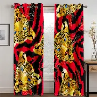 Yiran Furniture 3D Billig Modern Lyx Blå Vagn Leopard 2 Delar Skuggande Mörkläggande Fönstergardin för Vardagsrum Sovrum Heminredning Krok 100W130H(CM)40x51in&Grommet Top