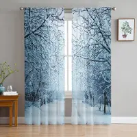 Yiran Furniture Vinter Snöig dag Grenar Skira Gardiner Vardagsrum Fönster Tyll Gardiner För sovrum Kök Heminredning Voile Draperier W135 x H115cm x1&Grommet Top