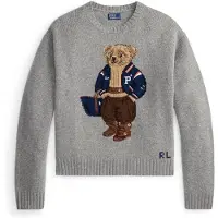 Ralph Lauren för kvinnor. 211B17771002 Tröja i ull och kashmir med Polo Bear grå (L), Casual, Lång ärm