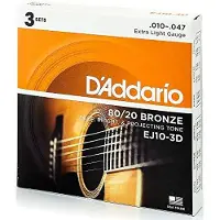 Daddario Akustiska Gitarrsträngar, 80/20 Brons, EJ10-3D, Extra Lätt Gauge 10-47, 6-Strängsset, 3-pack