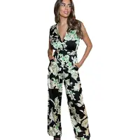 Ax Paris Dam Floral V-Hals Ärmfläck Jumpsuit (Svart/Grön)