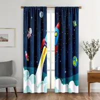Household supplies MH 2 ST Tecknade Raketgardiner Pojkar Flickor Galax Raket Astronaut Stångficka Fönsterbehandlingar Blå Gardin. 150x166cm
